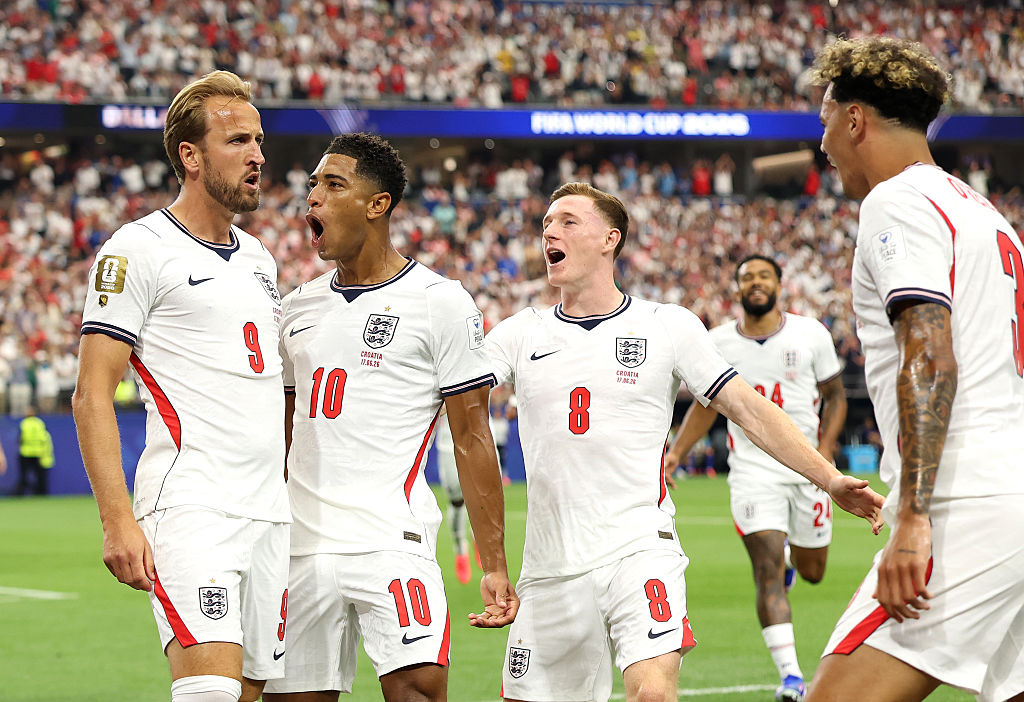 Harry Kane celebrates with teammates after scoring a penalty for his team's first goal during the FIFA World Cup 2026 Group L match between England and Croatia at Dallas Stadium on June 17, 2026