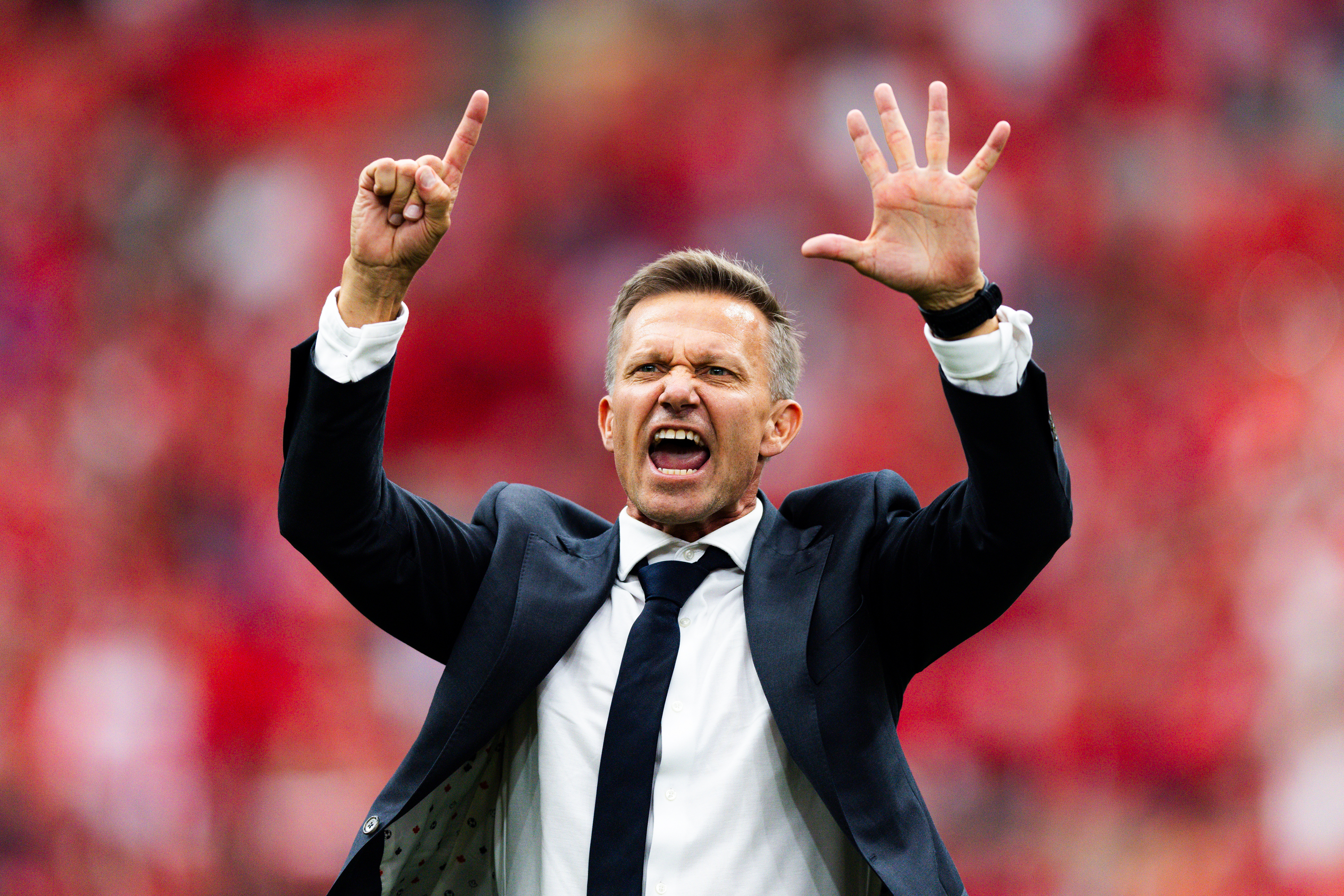 Canada head coach Jesse Marsch holds up six fingers to fans after the FIFA World Cup 2026 Group B match against Qatar. (Photo by Emma Ottosen/ISI Photos/ISI Photos via Getty Images)
