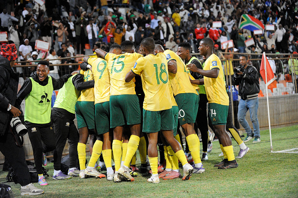 South Africa players celebrate during the 2026 FIFA World Cup qualifier match between South Africa and Nigeria at Toyota Stadium on September 09, 2025 in Bloemfontein, South Africa.