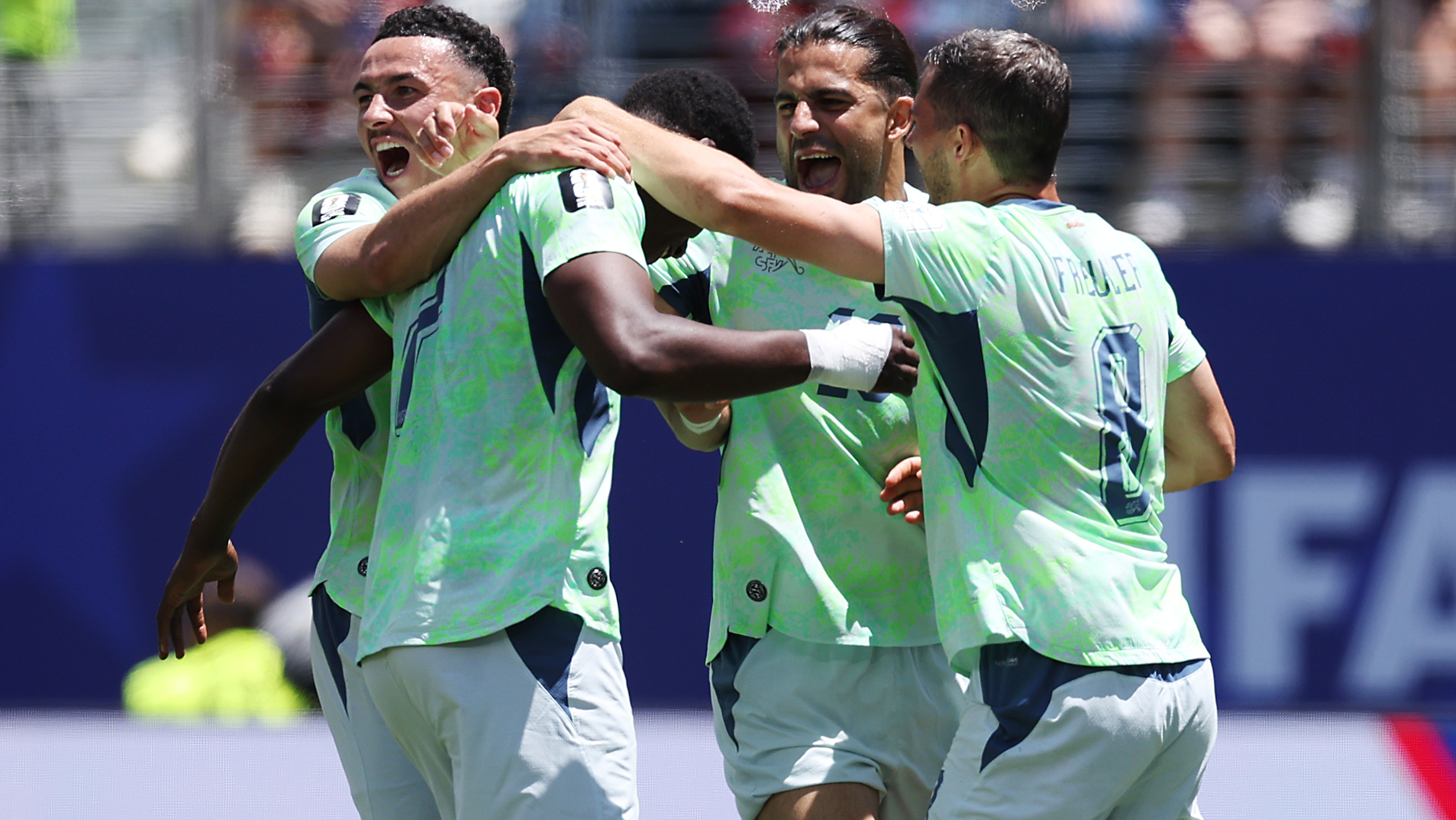 Switzerland players celebrate Breel Embolo's goal vs Qatar in the World Cup