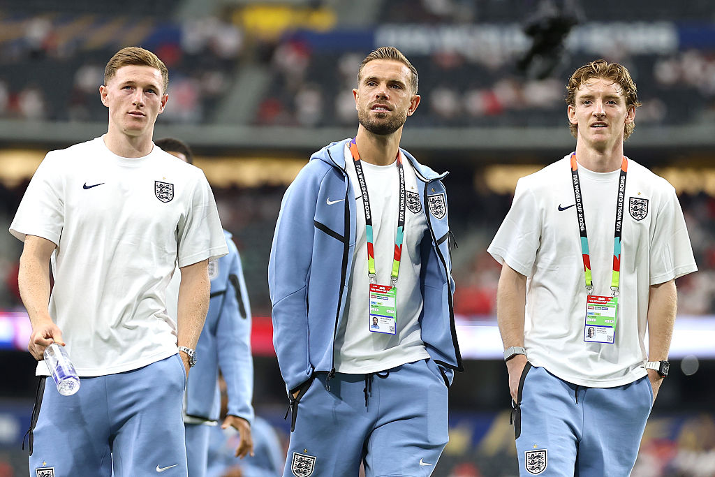 Elliot Anderson, Jordan Henderson and Anthony Gordon England inspect the pitch