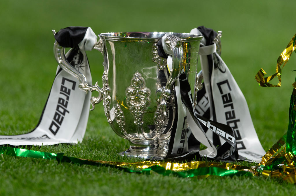 The trophy on the pitch after the Carabao Cup Final between Liverpool and Newcastle United at Wembley Stadium on March 16, 2025 in London, England.