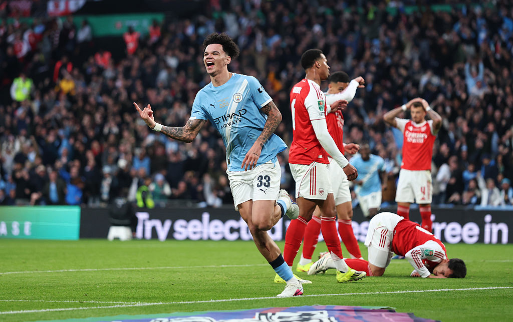 Nico O'Reilly of Manchester City celebrates scoring his team's first goal during the Carabao Cup Final match between Arsenal and Manchester City