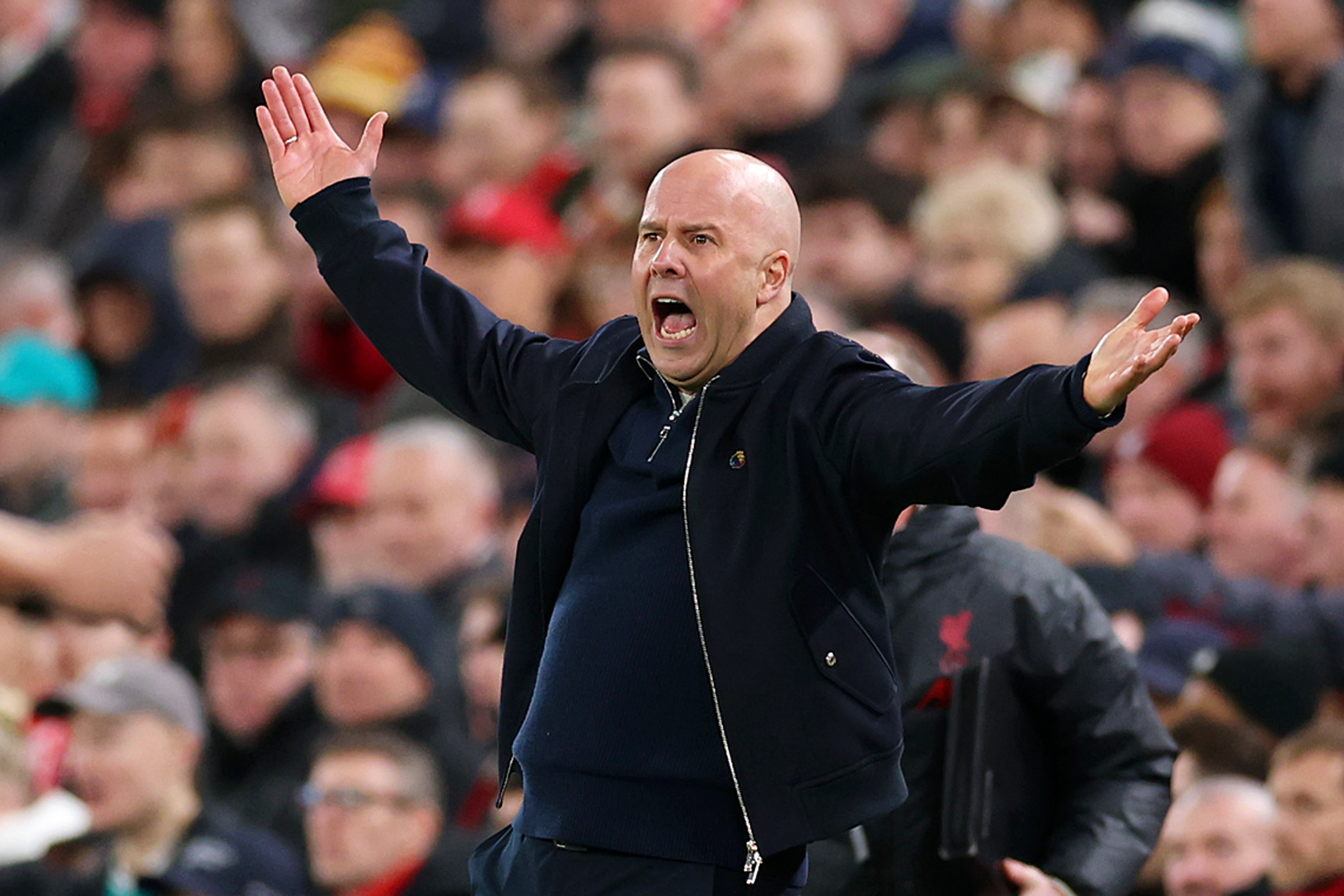 Arne Slot, Manager of Liverpool, reacts during the Premier League match between Liverpool and Manchester City at Anfield on February 08, 2026 in Liverpool, England.
