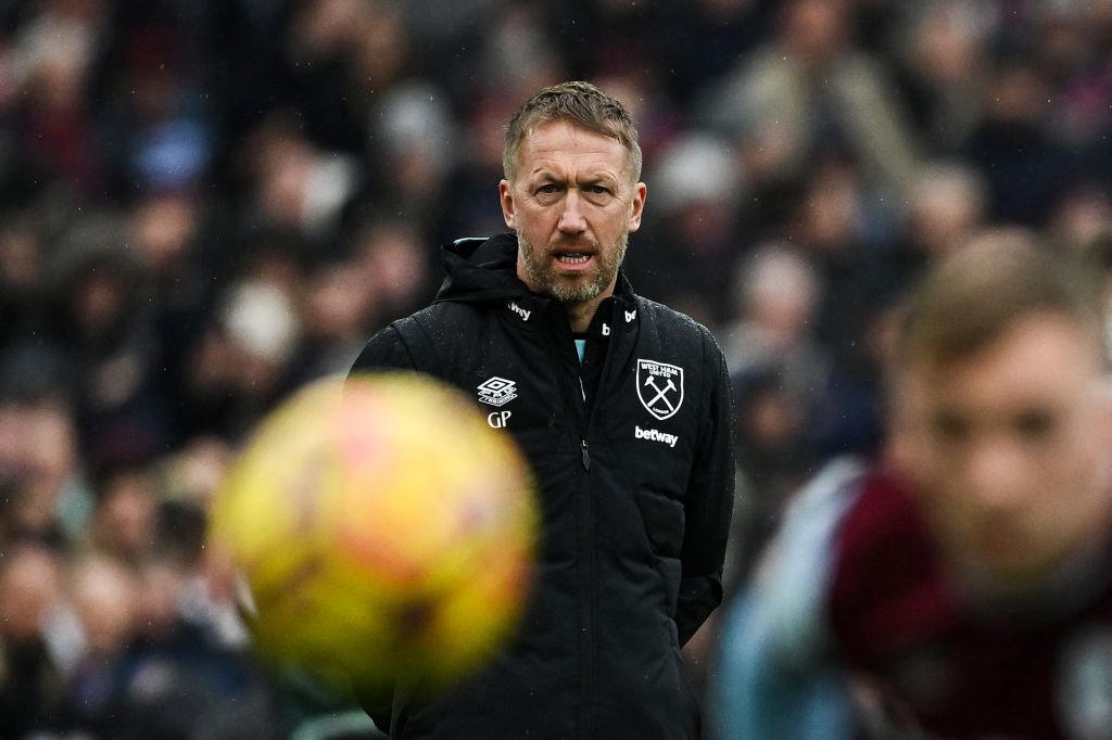 Graham Potter looking at a ball mid-air as coach of West Ham.