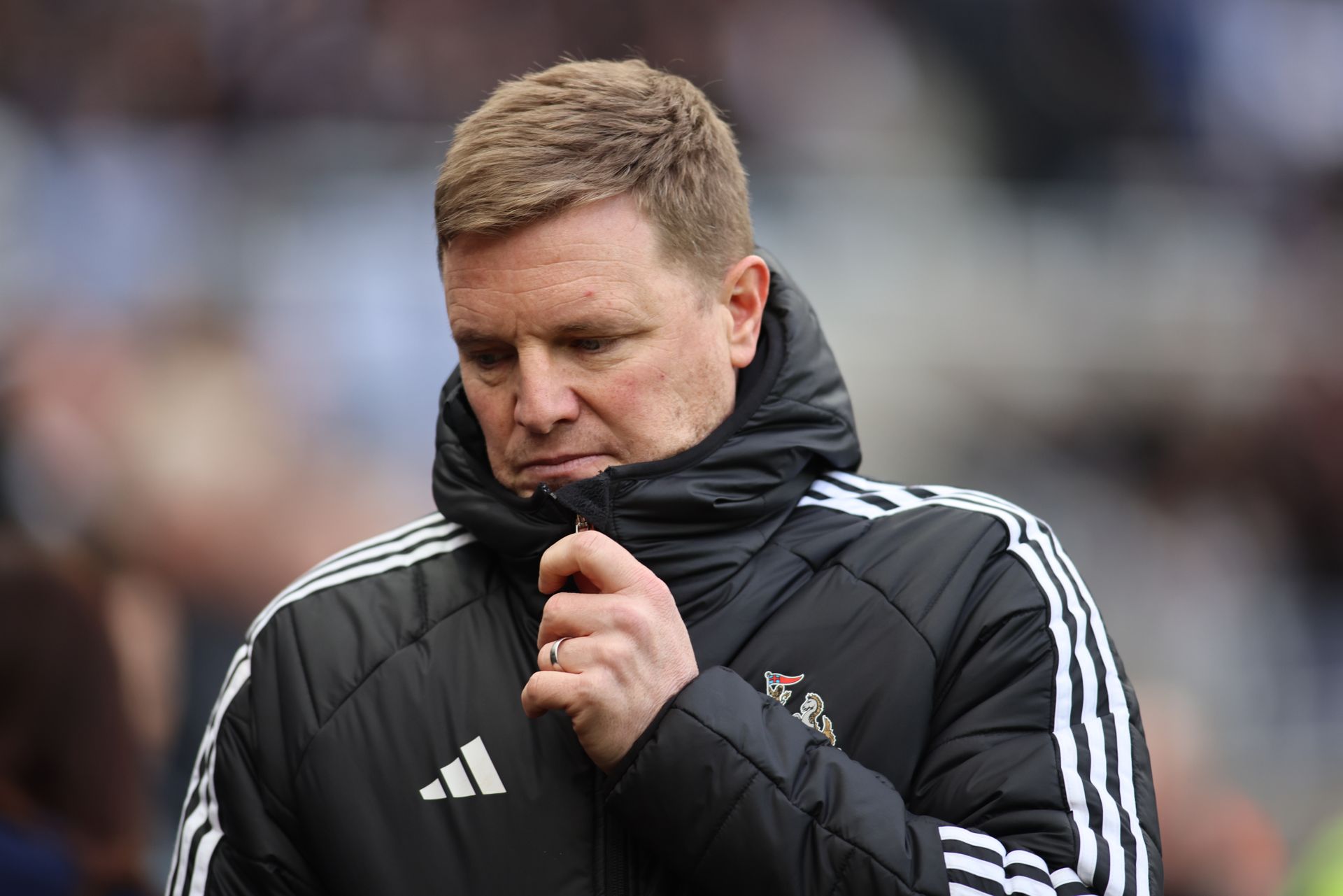 Eddie Howe, manager of Newcastle United, shows dejection during the Premier League match between Newcastle United and Everton at St. James's Park in Newcastle, on February 28, 2026. (Photo by Michael Driver/MI News/NurPhoto via Getty Images)