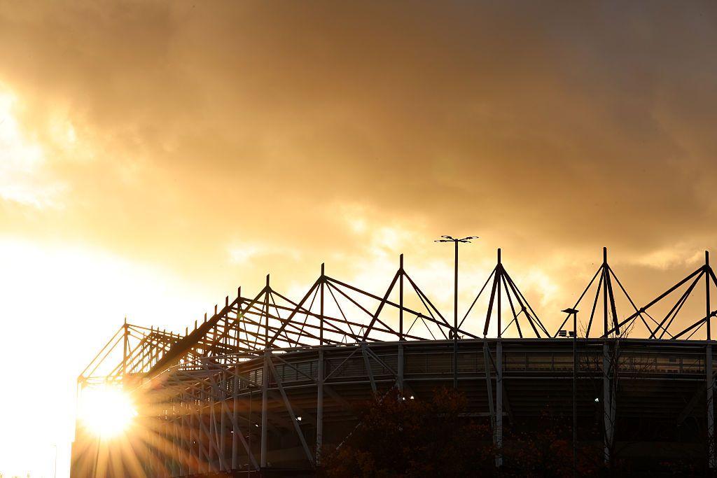 DERBY, ENGLAND - OCTOBER 28: General view outside the stadium as the sun sets prior to the Women's International Friendly match between England and Australia at Pride Park on October 28, 2025 in Derby, England. (Photo by Nathan Stirk/Getty Images)